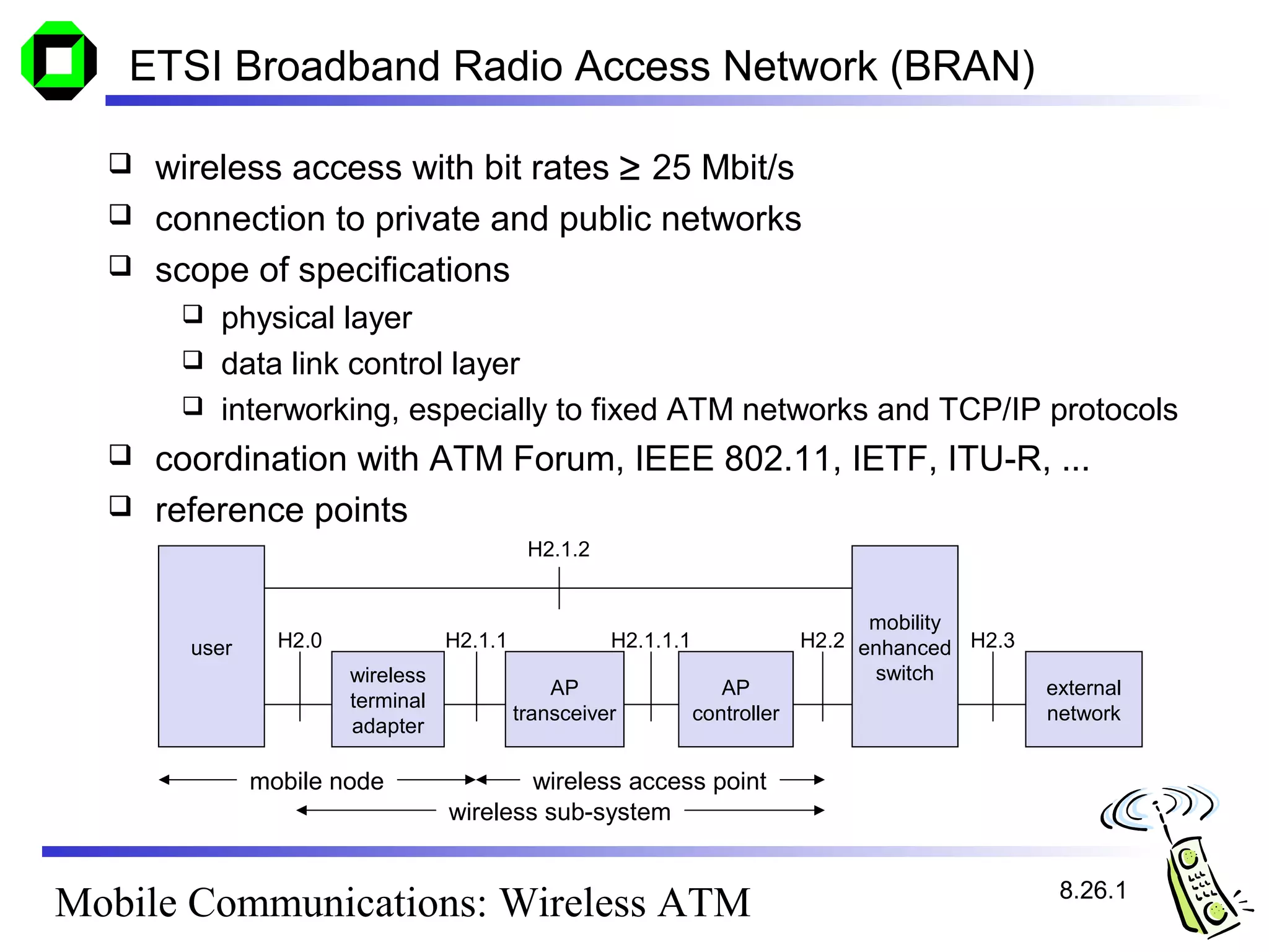 ETSI Broadband Radio Access Network (BRAN)

     wireless access with bit rates ≥ 25 Mbit/s
     connection to private and public networks
     scope of specifications
        physical layer
        data link control layer
        interworking, especially to fixed ATM networks and TCP/IP protocols
     coordination with ATM Forum, IEEE 802.11, IETF, ITU-R, ...
     reference points
                                             H2.1.2


                                                                                    mobility
        user     H2.0              H2.1.1             H2.1.1.1                H2.2 enhanced H2.3
                        wireless                                                    switch
                                                AP                  AP                             external
                        terminal
                                            transceiver          controller                        network
                        adapter

               mobile node                 wireless access point
                                   wireless sub-system


                                                                                                    8.26.1
Mobile Communications: Wireless ATM
 