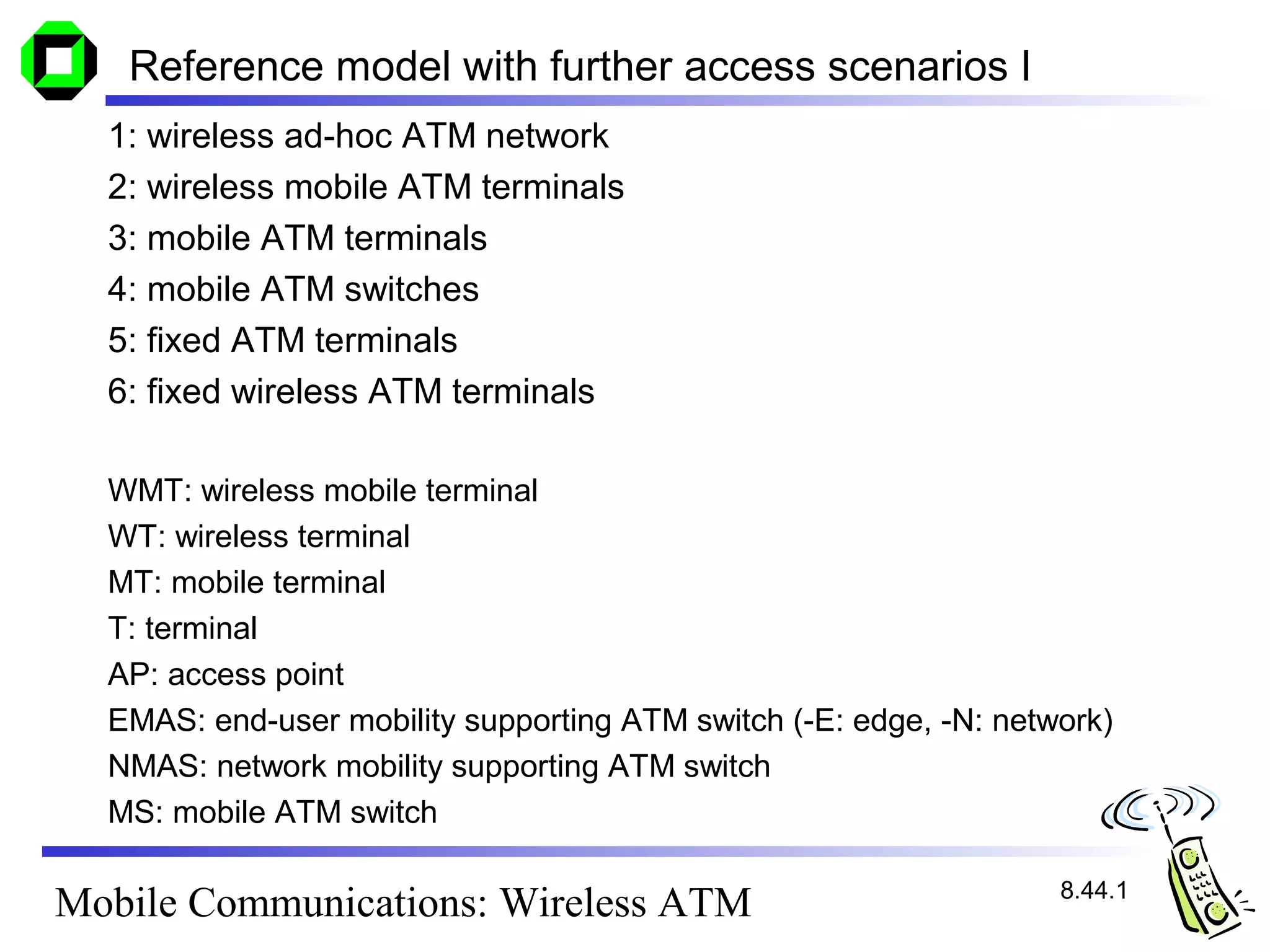 Reference model with further access scenarios I
  1: wireless ad-hoc ATM network
  2: wireless mobile ATM terminals
  3: mobile ATM terminals
  4: mobile ATM switches
  5: fixed ATM terminals
  6: fixed wireless ATM terminals

  WMT: wireless mobile terminal
  WT: wireless terminal
  MT: mobile terminal
  T: terminal
  AP: access point
  EMAS: end-user mobility supporting ATM switch (-E: edge, -N: network)
  NMAS: network mobility supporting ATM switch
  MS: mobile ATM switch

                                                                   8.44.1
Mobile Communications: Wireless ATM
 