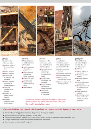 Jtruck
Monitoring the
entire haul cycle
n	 Maximise efficiency
& minimise down
time
n	 Reduce idle time
n	 Reduce fuel costs
n	 Real-time KPIs
to operators and
managers
n	 Display real-time
position of all
mining equipment
n	 ‘Best path’
displayed to the
operator
n	 Operator log
spillage & other
hazards
n	Complete
integration to all
Leica products
Jshovel
With an emphasis
on production and
optimisation
n	 Real-time payload
of truck being
loaded
n	 Display real-time
position of all
mining equipment
n	 Displays ETA of all
trucks on-route
n	 Polygon display
of material mining
blocks
n	 Real-time KPI’s
Jdozer
Focusing on the
surrounding work
area for both wheel
and track dozers
n	 Accurately captures
all production
time including
maintenance and
delays
n	 Real-time KPI’s
to operators and
managers
n	 Display real-time
position of all
mining equipment
n	Task/activity
management
& monitoring
Jdrill
A production
monitoring system
that updates pattern
progress on the fly
n Real-time operator
feedback
n	 Production monitoring
n	 Consumable tracking
n	 Pattern progress
automatically updated
n	 Graphical display of all
mining equipment
Jdragline
The world’s most
advanced dragline
monitor that has
set the industry
benchmark
n	 Capture payload for
every bucket
n	 Real-time operator
feedback
n	 Real time operator
KPI’s
n	 Automatically capture
all cycle data	
n	 Onboard alarms such
as overload & stall
alarms	
n	 Delay detection &
feedback
n	 Bucket weighs, cycle
times, number of
swings, dig & dump
positioning
Each vehicle automatically tracks and logs its own current
activity, position and status using automated cycle logic.
The result? No data loss - ever.
n	 Distributed computing platform harnesses the power of all computer modules
n	 Real-time replication of machine databases to field office
n Each vehicle automatically tracks & logs its own current activity, position & status using automated cycle logic
n	 Changed condition and hazard details distributed site-wide in real-time
n	 Clean-up tasks are automatically assigned
Common feature functionality is shared across the entire Leica Jigsaw product suite
 