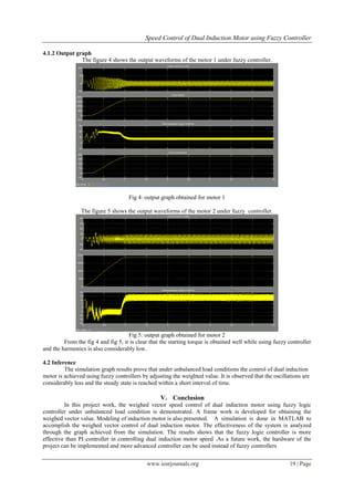 Speed Control of Dual Induction Motor using Fuzzy Controller
www.iosrjournals.org 19 | Page
4.1.2 Output graph
The figure 4 shows the output waveforms of the motor 1 under fuzzy controller.
Fig 4: output graph obtained for motor 1
The figure 5 shows the output waveforms of the motor 2 under fuzzy controller.
Fig 5: output graph obtained for motor 2
From the fig 4 and fig 5, it is clear that the starting torque is obtained well while using fuzzy controller
and the harmonics is also considerably low.
4.2 Inference
The simulation graph results prove that under unbalanced load conditions the control of dual induction
motor is achieved using fuzzy controllers by adjusting the weighted value. It is observed that the oscillations are
considerably less and the steady state is reached within a short interval of time.
V. Conclusion
In this project work, the weighed vector speed control of dual induction motor using fuzzy logic
controller under unbalanced load condition is demonstrated. A frame work is developed for obtaining the
weighed vector value. Modeling of induction motor is also presented. A simulation is done in MATLAB to
accomplish the weighed vector control of dual induction motor. The effectiveness of the system is analyzed
through the graph achieved from the simulation. The results shows that the fuzzy logic controller is more
effective than PI controller in controlling dual induction motor speed .As a future work, the hardware of the
project can be implemented and more advanced controller can be used instead of fuzzy controllers
 