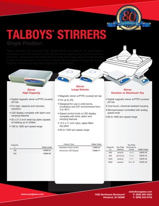 www.aceglass.com
	sales@aceglass.com
	 1430 Northwest Boulevard	 P: (800) 223-4524
	 Vineland, NJ 08360	 F: (800) 543-6752
TALBOYS
®
STIRRERSSingle Position
Talboys Standard and Advanced High Volume Stirrers are designed for large capacity
applications. Powerful magnet and motor offer exceptional magnetic coupling force capable of
stirring 25L. Talboys Advanced Model 1000 and Model 2000 Large Capacity Stirrers are ideal
for high volume applications. The powerful magnetic drive is capable of mixing high viscosity
materials. Stainless steel base offers durability and added stability.
Capacity,
L Order Code
100 13465-01
200 13465-04
Stirrer
Large Volume
• Magnetic stirrer w/PTFE covered stir bar
• For up to 25L
• Designed for use in cold rooms,
	 incubators and CO2
environments from
	 5 to 40°C
• Speed control knob or LED display
	 complete with timer, alarm and
	 ramping features
• 12.5 x 11 inch nylon, glass-filled
	 top plate
• 60 to 1400 rpm speed range
Stirrer
High Capacity
• Digital magnetic stirrer w/PTFE covered
	 stir bar
• For high, capacity and viscosity
	solutions
• LED display complete with alarm and
	 ramping features
• 25 x 21.5 inch steel top plate capable
	 of holding up to 425lbs.
• 100 to 1800 rpm speed range
Display Type Order Code
Standard, Knob Control 13466-01
Advanced, LED Display 13466-11
Capacity,
mL
Top Plate
Material
Top Plate
Dimensions,
inches Order Code
600 ceramic 4 x 4 13470-10
600 aluminum 4 x 4 13470-14
2500 ceramic 7 x 7 13470-16
6000 ceramic 10 x 10 13470-18
Stirrer
Ceramic or Aluminum Top
• Digital magnetic stirrer w/PTFE covered
	 stir bar
• Cool touch, chemical resistant housing
• Microprocessor controlled with analog
	 speed knob
• 60 to 1600 rpm speed range
QUALIT
Y
· INNOVATION
· S
ERVICE
1936 - 2016
Ace Glass Celebrating 80Years
 