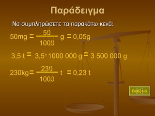 Παράδειγμα Να συμπληρώσετε τα παρακάτω κενά: 50mg g Βοήθεια 1000 50 0,05 g 3,5  t 3 500 000 g g 3,5 1000 000 230kg t 1000 230 0, 23 t 