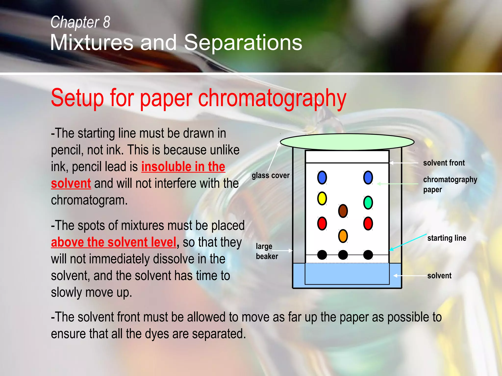 Setup for paper chromatography
-The starting line must be drawn in
pencil, not ink. This is because unlike
ink, pencil lead is insoluble in the
solvent and will not interfere with the
chromatogram.
-The spots of mixtures must be placed
above the solvent level, so that they
will not immediately dissolve in the
solvent, and the solvent has time to
slowly move up.
starting line
solvent
solvent front
chromatography
paper
large
beaker
glass cover
-The solvent front must be allowed to move as far up the paper as possible to
ensure that all the dyes are separated.
Chapter 8
Mixtures and Separations
 