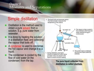 Simple distillation
 Distillation is the method used to
obtain a pure solvent from a
solution. E.g. pure water from
seawater.
 It is done by heating the solution
in a distillation flask and collecting
the vapour that boils off.
 A condenser is used to condense
the hot vapour and change it to a
liquid.
 The condenser is cooled by the
flow of cold water (in the
condenser) from the tap. The pure liquid collected from
distillation is called distillate.
Chapter 8
Mixtures and Separations
 