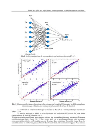 Etude des effets des algorithmes d’apprentissage et des fonctions de transfert…

Fig.8: Architecture du réseau de neurones à trois couches de configuration [7, 5,1].

Humidité estimée (%)

100

Apprentissage
R= 0,97

Test
R= 0,97

80

60

40

20

20

40

60

80

100

20

40

60

80

100

60

80

100

Humidité estimée (%)

100

80

Validation
R= 0,97

Données totales
R= 0,97

60

40

20

20

40

60

80

100

Humidité observée (%)

20

40

Humidité observée (%)

Fig.9: Relation entre les valeurs observées et celles estimées par le modèle RNA pendant les différentes phases
(Apprentissage, validation, test ainsi que pour l‟ensemble de la base de données)
Le coefficient de corrélation obtenu par ce modèle est R= 0,97 et l‟erreur quadratique moyenne est
MSE= 1,5.10-5
Le modèle développé a donné le même coefficient de corrélation (0,97) durant les trois phases
d‟apprentissage, de test et de validation (fig.9).
D‟après ces résultats numériques, nous pouvons conclure que les modèles neuronaux ont des coefficients de
corrélation presque égal à l‟unité (R ~ 1). Ceci montre qu‟il y a un grand rapprochement entre les valeurs
mesurées et celles estimées par le modèle neuronal développé dans cette étude. Ce modèle et peut donc être
considéré comme un outil d‟une grande efficacité dans le cadre de la prévision météorologiques. Nous citons a

24

 