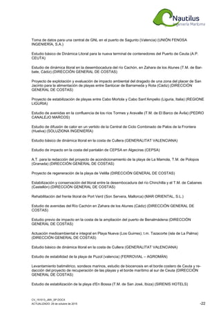 CV_151013_JMV_SP.DOCX
ACTUALIZADO: 29 de octubre de 2015 -22
Toma de datos para una central de GNL en el puerto de Sagunto (Valencia) (UNIÓN FENOSA
INGENIERÍA, S.A.)
Estudio básico de Dinámica Litoral para la nueva terminal de contenedores del Puerto de Ceuta (A.P.
CEUTA)
Estudio de dinámica litoral en la desembocadura del río Cachón, en Zahara de los Atunes (T.M. de Bar-
bate, Cádiz) (DIRECCIÓN GENERAL DE COSTAS)
Proyecto de explotación y evaluación de impacto ambiental del dragado de una zona del placer de San
Jacinto para la alimentación de playas entre Sanlúcar de Barrameda y Rota (Cádiz) (DIRECCIÓN
GENERAL DE COSTAS)
Proyecto de estabilización de playas entre Cabo Mortola y Cabo Sant’Ampelio (Liguria, Italia) (REGIONE
LIGURIA)
Estudio de avenidas en la confluencia de los ríos Tormes y Aravalle (T.M. de El Barco de Ávila) (PEDRO
CANALEJO MARCOS)
Estudio de difusión de calor en un vertido de la Central de Ciclo Combinado de Palos de la Frontera
(Huelva) (SOLUZIONA INGENIERÍA)
Estudio básico de dinámica litoral en la costa de Cullera (GENERALITAT VALENCIANA)
Estudio de impacto en la costa del pantalán de CEPSA en Algeciras (CEPSA)
A.T. para la redacción del proyecto de acondicionamiento de la playa de La Mamola, T.M. de Polopos
(Granada) (DIRECCIÓN GENERAL DE COSTAS)
Proyecto de regeneración de la playa de Velilla (DIRECCIÓN GENERAL DE COSTAS)
Estabilización y conservación del litoral entre la desembocadura del río Chinchilla y el T.M. de Cabanes
(Castellón) (DIRECCIÓN GENERAL DE COSTAS)
Rehabilitación del frente litoral de Port Verd (Son Servera, Mallorca) (MAR ORIENTAL, S.L.)
Estudio de avenidas del Río Cachón en Zahara de los Atunes (Cádiz) (DIRECCIÓN GENERAL DE
COSTAS)
Estudio previo de impacto en la costa de la ampliación del puerto de Benalmádena (DIRECCIÓN
GENERAL DE COSTAS)
Actuación medioambiental e integral en Playa Nueva (Los Guirres); t.m. Tazacorte (isla de La Palma)
(DIRECCIÓN GENERAL DE COSTAS)
Estudio básico de dinámica litoral en la costa de Cullera (GENERALITAT VALENCIANA)
Estudio de estabilidad de la playa de Puzol (valencia) (FERROVIAL – AGROMÁN)
Levantamiento batimétrico, sondeos marinos, estudio de biocenosis en el borde costero de Ceuta y re-
dacción del proyecto de recuperación de las playas y el borde marítimo al sur de Ceuta (DIRECCIÓN
GENERAL DE COSTAS)
Estudio de estabilización de la playa d'En Bossa (T.M. de San José, Ibiza) (SIRENIS HOTELS)
 