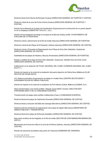 CV_151013_JMV_SP.DOCX
ACTUALIZADO: 29 de octubre de 2015 -25
Dinámica litoral de la Flecha del Rompido (Huelva) (DIRECCION GENERAL DE PUERTOS Y COSTAS)
Dinámica Litoral de la zona de Punta Umbría (Huelva) (DIRECCION GENERAL DE PUERTOS Y
COSTAS)
Estudio de la influencia en la playa de Fuenterrabía (Guipùzcoa) de la construcción de un puerto deporti-
vo en su trasplaya (CUBIERTAS Y M.Z.O.V., S.A.)
Estudio de la propagación de oleaje en la playa de la Barrosa (Cádiz) (ILMO. AYUNTAMIENTO DE
CHICLANA DE LA FRONTERA)
Dinámica Litoral y aterramiento de la Ría de Avilés (Asturias) (DIRECCION GENERAL DE PUERTOS)
Dinámica Litoral de las Playas de El Espartal y Salinas (Asturias) (DIRECCION GENERAL DE COSTAS)
Dinámica Litoral y Propuesta de Regeneración de la Playa de Gros (San Sebastián, Guipúzcoa)
(DIRECCIÓN GENERAL DE COSTAS)
Estabilidad de las playas de Alcabre y Bouzas (Pontevedra) (DIRECCION GENERAL DE PUERTOS)
Estudio y análisis de la playa de Gros (San Sebastián, Guipúzcoa) (Modelo físico de fondo móvil)
(DIRECCION GENERAL DE COSTAS)
Colaboración en la redacción del "PLAN NACIONAL DEL CLIMA" (COMISION NACIONAL DEL CLIMA -
M.O.P.T.)
Estudio de impacto en la costa de la ampliación del puerto deportivo de Palma Nova (Mallorca) (CLUB
NAUTICO DE PALMA NOVA)
I+D: Sistema automático de generación de oleaje en modelo físico (CENTRO DE ESTUDIOS Y
EXPERIMENTACION DE OBRAS PUBLICAS)
Estudio de impacto en la costa de la ampliación de Port Adriano (Calviá, Mallorca) (OCIBAR, S.A.)
Wave transformation over barred profiles / Regular waves MAST Contract MS2-CT92-0027
(PROGRAMA MAST-II DE LA COMUNIDAD EUROPEA)
Transformación de oleaje sobre perfiles multibarrados (Fase I) (COMUNIDAD EUROPEA)
Dinámica litoral de la playa de Calahonda (Granada) (DIRECCION GENERAL DE COSTAS)
Dinámica litoral y evolución del Delta del Llobregat (Barcelona) (DIRECCION GENERAL DE COSTAS)
Asistencia técnica al Estudio de regeneración de la playa de Agadir (Marruecos) (MINISTERIO DE
OBRAS PUBLICAS Y TRANSPORTES)
Dinámica litoral de la playa de Peñíscola (Castellón) (DIRECCION GENERAL DE COSTAS)
Nota sobre el efecto de los dragados en la Ría de Avilés (SECTOR DE CONTAMINACIÓN MARINA DEL
CEPYC)
Movimientos de la línea de orilla en la zona de la Peñona (Salinas, Asturias) (DIRECCION GENERAL DE
COSTAS)
Estudio de soluciones al problema del puerto de Tazacorte (GOBIERNO DE CANARIAS)
 