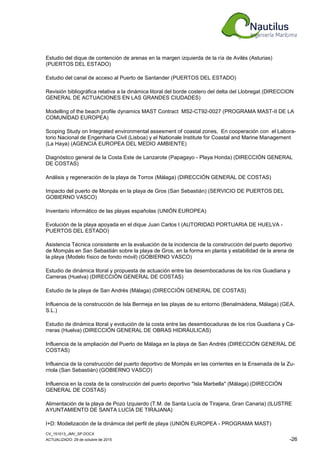 CV_151013_JMV_SP.DOCX
ACTUALIZADO: 29 de octubre de 2015 -26
Estudio del dique de contención de arenas en la margen izquierda de la ría de Avilés (Asturias)
(PUERTOS DEL ESTADO)
Estudio del canal de acceso al Puerto de Santander (PUERTOS DEL ESTADO)
Revisión bibliográfica relativa a la dinámica litoral del borde costero del delta del Llobregat (DIRECCION
GENERAL DE ACTUACIONES EN LAS GRANDES CIUDADES)
Modelling of the beach profile dynamics MAST Contract MS2-CT92-0027 (PROGRAMA MAST-II DE LA
COMUNIDAD EUROPEA)
Scoping Study on Integrated environmental assesment of coastal zones, En cooperación con el Labora-
torio Nacional de Engenharia Civil (Lisboa) y el Nationale Institute for Coastal and Marine Management
(La Haya) (AGENCIA EUROPEA DEL MEDIO AMBIENTE)
Diagnóstico general de la Costa Este de Lanzarote (Papagayo - Playa Honda) (DIRECCIÓN GENERAL
DE COSTAS)
Análisis y regeneración de la playa de Torrox (Málaga) (DIRECCIÓN GENERAL DE COSTAS)
Impacto del puerto de Monpás en la playa de Gros (San Sebastián) (SERVICIO DE PUERTOS DEL
GOBIERNO VASCO)
Inventario informático de las playas españolas (UNIÓN EUROPEA)
Evolución de la playa apoyada en el dique Juan Carlos I (AUTORIDAD PORTUARIA DE HUELVA -
PUERTOS DEL ESTADO)
Asistencia Técnica consistente en la evaluación de la incidencia de la construcción del puerto deportivo
de Mompás en San Sebastián sobre la playa de Gros, en la forma en planta y estabilidad de la arena de
la playa (Modelo físico de fondo móvil) (GOBIERNO VASCO)
Estudio de dinámica litoral y propuesta de actuación entre las desembocaduras de los ríos Guadiana y
Carreras (Huelva) (DIRECCIÓN GENERAL DE COSTAS)
Estudio de la playa de San Andrés (Málaga) (DIRECCIÓN GENERAL DE COSTAS)
Influencia de la construcción de Isla Bermeja en las playas de su entorno (Benalmádena, Málaga) (GEA,
S.L.)
Estudio de dinámica litoral y evolución de la costa entre las desembocaduras de los ríos Guadiana y Ca-
rreras (Huelva) (DIRECCIÓN GENERAL DE OBRAS HIDRÁULICAS)
Influencia de la ampliación del Puerto de Málaga en la playa de San Andrés (DIRECCIÓN GENERAL DE
COSTAS)
Influencia de la construcción del puerto deportivo de Mompás en las corrientes en la Ensenada de la Zu-
rriola (San Sebastián) (GOBIERNO VASCO)
Influencia en la costa de la construcción del puerto deportivo "Isla Marbella" (Málaga) (DIRECCIÓN
GENERAL DE COSTAS)
Alimentación de la playa de Pozo Izquierdo (T.M. de Santa Lucía de Tirajana, Gran Canaria) (ILUSTRE
AYUNTAMIENTO DE SANTA LUCÍA DE TIRAJANA)
I+D: Modelización de la dinámica del perfil de playa (UNIÓN EUROPEA - PROGRAMA MAST)
 