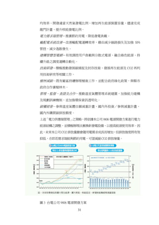 均效率、開發適當天然氣發電比例、增加再生能源裝置容量、儘速完成

龍門計畫、提升核能發電比例。

電力需求端管理－推廣節約用電，降低發電負載。
輸配電系統改善－改善輸配電運轉效率，藉由減少線路損失及加強 SF6
管控，減少逸散發生。

建構智慧型電網－有效調控用戶負載與分散式電源、融合綠色能源、持
續升級之調度運轉自動化。

技術研發－積極推動發展碳捕捉及封存技術、發展再生能源及 CO2 再利
用技術研究等相關工作。

植林減碳－既有廠區持續辦理植栽工作，並配合政府綠化政策，與縣市
政府合作廣植林木。

管理、監督、查證及合作－推動溫室氣體管理系統建置，加強能力建構
及規劃訓練機制，並加強環保資訊透明化。

碳權經營－參與溫室氣體自願減量計畫、國內外投資／參與減量計畫、
國內外購買碳排放額度。

上述「電力供應端管理」之策略，將依據本公司 9806 電源開發方案進行電力

能源結構之調整，並積極辦理汰舊換新發電設備，以提高能源使用效率。因

此，未來本公司 CO2 排放量雖會隨用電需求成長而增加，但排放強度將有效
抑低，亦即若需求端能夠節約用電，可望減緩 CO2 排放增量。




圖 3 台電公司 9806 電源開發方案

                31
 