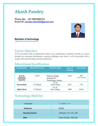 Akash Pandey
Phone No. : +91 9807964733
Email ID: pandey.akash93@gmail.com
Bachelor of technology
(Electronics & Communication )
Career Objective
To be associated with an organization where I can significantly contribute towards its success
through my consistent performance, meeting challenges and where I will be provided with a
steady career growth along with job satisfaction..
Educational Qualification
Examination Board/University School/College Year of
Passing
Percentage
B.Tech
(Electronics &
Communication
Engineering)
UPTU Pranveer Singh
Institute Of
Technology, Kanpur
2016 58%
(Till 6th
semester)
Intermediate U.P Board
N.L.K
Inter College 2011 71%
High School U.P Board
N.L.K
Inter College 2009 68.8%
Technology/Skill Set
Languages C , Python , C++
Databases MySQL
Operating System Windows ( 7,8.1,10) , IOS
Other Python Ecilipse , MATLAB
 