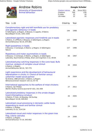 Andrew Robins
University of Queensland
Animal behaviour
Google Scholar
Citation indices All Since 2011
Citations 700 278
h-index 12 10
i10-index 12 10
Title 1–20 Cited by Year
Complementary right and left hemiﬁeld use for predatory
and agonistic behaviour in toads
G Vallortigara, LJ Rogers, A Bisazza, G Lippolis, A Robins
NeuroReport 9 (14), 3341-3344
144 1998
Lateralized agonistic responses and hindlimb use in toads
A Robins, G LIPPOLIS, A Bisazza, G Vallortigara, LJ Rogers
Animal Behaviour 56 (4), 875-881
127 1998
Right-pawedness in toads.
A Bisazza, C Cantalupo, A Robins, LJ Rogers, G Vallortigara
Nature
127 1996
Pawedness and motor asymmetries in toads
A Bisazza, C Cantalupo, A Robins, LJ Rogers, G Vallortigara
Laterality: Asymmetries of Body, Brain and Cognition 2 (1), 49-64
60 1997
Lateralized prey-catching responses in the cane toad, Bufo
marinus: analysis of complex visual stimuli
A Robins, LJ Rogers
Animal Behaviour 68 (4), 767-775
44 2004
Light experience and the development of behavioural
lateralisation in chicks: II. Choice of familiar versus
unfamiliar model social partner
RJ Andrew, ANB Johnston, A Robins, LJ Rogers
Behavioural brain research 155 (1), 67-76
39 2004
International approaches to the welfare of meat chickens
A Robins, CJC Phillips
World's Poultry Science Journal 67 (02), 351-369
27 2011
Lateralized predatory responses in the ornate dragon
lizard (Ctenophorus ornatus)
A Robins, P Chen, LD Beazley, SA Dunlop
NeuroReport 16 (8), 849-852
26 2005
Lateralised visual processing in domestic cattle herds
responding to novel and familiar stimuli
A Robins, C Phillips
Laterality 15 (5), 514-534
24 2010
Lateralized visual and motor responses in the green tree
frog, Litoria caerulea
A Robins, LJ Rogers
Animal behaviour 72 (4), 843-852
24 2006
Andrew Robins - Google Scholar Citations https://scholar.google.com.au/citations?user=EMQxfg...
1 of 2 12/09/16 14:12
 