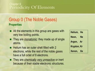  All the elements in this group are gases with
very low boiling points.
 They are monatomic: they made up of single
atoms.
 Helium has an outer shell filled with 2
electrons, while the rest of the noble gases
have a full octet of 8 electrons.
 They are chemically very unreactive or inert
because of their stable electronic structures.
Helium, He
Neon, Ne
Argon, Ar
Krypton, Kr
Xenon, Xe
Chapter 9
Group 0 (The Noble Gases)
Properties
Periodicity Of Elements
 