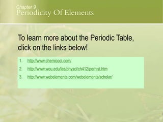 1. http://www.chemicool.com/
2. http://www.wou.edu/las/physci/ch412/perhist.htm
3. http://www.webelements.com/webelements/scholar/
To learn more about the Periodic Table,
click on the links below!
Chapter 9
Periodicity Of Elements
 