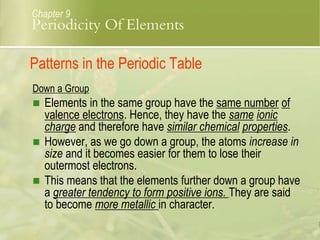 Patterns in the Periodic Table
 Elements in the same group have the same number of
valence electrons. Hence, they have the same ionic
charge and therefore have similar chemical properties.
 However, as we go down a group, the atoms increase in
size and it becomes easier for them to lose their
outermost electrons.
 This means that the elements further down a group have
a greater tendency to form positive ions. They are said
to become more metallic in character.
Down a Group
Chapter 9
Periodicity Of Elements
 