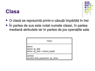 Clasa
   O clasă se reprezintă printr-o căsuţă împărţită în trei
   În partea de sus este notat numele clasei, în partea
    mediană atributele iar în partea de jos operaţiile sale
 