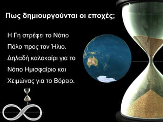 Πως δημιουργούνται οι εποχές; Η Γη στρέφει το Νότιο Πόλο προς τον Ήλιο. Δηλαδή καλοκαίρι για το Νότιο Ημισφαίριο και Χειμώνας για το Βόρειο. 