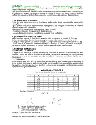 Fone (92) 3347-8339 – (92) 9.8284-8083
Responsável Técnico – Engº MÁRIO SÉRGIO MACEDO
ECOLOPAVI – PAVIMENTO ECOLÓGICO Estabilizante Químico de Solos para Pavimentação
Não serão tolerados valores individuais de espessura fora do intervalo de ± 10%, em relação à
espessura prevista em projeto;
b) Eventuais regiões em que se constate deficiência de espessura serão objetos de amostragem
complementar, através de novas extrações de corpos de prova com sonda rotativa. As áreas
deficientes, devidamente delimitadas, deverão ser reforçadas, às expensas da executante.
5.3.4. Aceitação do Acabamento
O serviço será aceito, sob o ponto de vista de acabamento, desde que atendidas as seguintes
condições:
a) As juntas executadas apresentem-se homogêneas, em relação ao conjunto da mistura,
isentas de desníveis e saliências;
b) A superfície apresente-se desempenada, não ocorrendo:
- marcas indesejáveis do equipamento de compressão
- ondulações decorrentes de variações na carga da vibro-acabadora.
6. OBSERVAÇÕES DE ORDEM GERAL
a) Durante todo o tempo de duração dos serviços, até o recebimento da camada de Concreto
Betuminoso Usinado a Quente, ela será protegida contra a ação destrutiva do trânsito ou de
quaisquer outros agentes que possam danificá-la. A empreiteira é responsável por sua proteção. b)
Toda a sinalização de trânsito para eventuais desvios de tráfego ou interrupção de vias, exigida pela
fiscalização visando à segurança do usuário, será de responsabilidade da empreiteira.
7. CRITÉRIOS DE MEDIÇÃO E
PAGAMENTO 7.1. Medição
A medição do serviço de concreto betuminoso, executado e recebido na forma descrita, será
medido e pago por volume de mistura aplicada e compactada, expressa em metros cúbicos,
para qualquer uma das camadas, ou seja, camada de rolamento, camada de ligação ou de
nivelamento.
7.2. Pagamento
O pagamento será feito, após a aceitação e a medição dos serviços executados, com base no
preço unitário contratual, o qual representará a compensação integral para todas as operações,
transportes, materiais, perdas, mão-de-obra, equipamentos, encargos e eventuais necessários à
completa execução dos serviços.
VALOR DO COEFICIENTE K
Para Controle Estatístico do Grau de Compactação
N K N K N K
3 1,05 10 0,77 30 0,66
4 0,95 12 0,75 40 0,64
5 0,89 14 0,73 50 0,63
6 0,85 16 0,71 100 0,60
7 0,82 18 0,70 0,52
8 0,80 20 0,69 - -
9 0,78 25 0,67 - -
Condição necessária:
onde:
X K S L
N N
X
X
i ( Xi X )
2
i 1
S i 1
N ( N 1)
N - número de elementos da amostra;
Xi - valores individuais da amostra;
L - valor limite especificado na Norma.
 