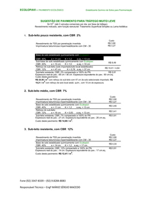 Fone (92) 3347-8339 – (92) 9.8284-8083
Responsável Técnico – Engº MÁRIO SÉRGIO MACEDO
ECOLOPAVI – PAVIMENTO ECOLÓGICO Estabilizante Químico de Solos para Pavimentação
SUGESTÃO DE PAVIMENTO PARA TRÁFEGO MUITO LEVE
N=10
4
(até 3 veículos comerciais por dia, por faixa de tráfego).
Revestimento indicado, sem função estrutural: Tratamento Superficial Simples ou Lama Asfáltica
1. Sub-leito pouco resistente, com CBR 2%
Revestimento de TSS por penetração invertida
Imprimadura betuminosa impermeabilizante com CM - 30
Base de solo estabilizado quimicamente com Ecolopavi
CBR 40% e = 11 cm K = 1,2 e.eq. = 13 cm
Sub-base de solo estabilizado quimicamente com Ecolopavi
R$ 6,49
CBR 20% e = 10 cm K = 1,0 e.eq. = 10 cm
Reforço do sub-leito (solo importado/solo local estabilizado)
R$ 10,01 / 4,64
CBR 12% e = 47 cm K = 0,78 e.eq. = 37 cm
Sub-leito existente, CBR 2% compactado a 100% do PN R$ 0,91
Espessura real do pav.: 68 cm / 36 cm. Espessura equivalente do pav.: 60 cm.eq.
Custo deste pavimento:
R$ 24,58 / m
2
com reforço do sub-leito com 47 cm de solo selecionado importado. R$
19,21 / m
2
com reforço de solo local estab. quím., com 15 cm de espessura.
2. Sub-leito médio, com CBR 7%
Custo
Revestimento de TSS por penetração invertida R$ 3,90
Imprimadura betuminosa impermeabilizante com CM - 30 R$ 3,27
Base de solo estabilizado quimicamente com Ecolopavi
R$ 3,40
CBR 40% e = 11 cm K = 1,2 e.eq. = 13 cm
Reforço do sub-leito
R$ 3,41
CBR 12% e = 16 cm K = 0,83 e.eq. = 13 cm
Sub-leito existente, CBR 7% compactado a 100% do PN R$ 0,91
Espessura real do pav.: 27 cm. Espessura equivalente do pav.: 26 cm.eq.
Custo deste pavimento: R$ 14,89 / m
2
.
3. Sub-leito resistente, com CBR 12%
Custo
Revestimento de TSS por penetração invertida R$ 3,90
Imprimadura betuminosa impermeabilizante com CM - 30 R$ 3,27
Base de solo estabilizado quimicamente com Ecolopavi
R$ 4,33
CBR 40% e = 14 cm K = 1,2 e.eq. = 17 cm
Sub-leito existente, CBR 12% compactado a 100% do PN R$ 0,91
Espessura real do pav.: 14 cm. Espessura equivalente do pav.: 17 cm.eq.
Custo deste pavimento: R$ 12,41 / m
2
.
Custo
R$ 3,90
R$ 3,27
 
