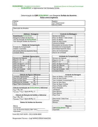 Fone (92) 3347-8339 – (92) 9.8284-8083
Responsável Técnico – Engº MÁRIO SÉRGIO MACEDO
ECOLOPAVI – PAVIMENTO ECOLÓGICO Estabilizante Químico de Solos para Pavimentação
- ECOLOPAVI e Aglomerante Cal Hidratada Úmida.
Determinação do CBR ECOLOPAVI com Reagente Sulfato de Alumínio
Solos areno-argilosos
Cliente: Registro:
Obra: Engº Responsável:
Local: Data da Coleta:
Descrição da Amostra:
Aditivos - Dosagens
Estabilizante ECOLOPAVI
Reagente Sulfato de Alumínio
Teor da Solução de ECOLOPAVI
Teor Solução Sulfato de Alumínio
Dados de Compactação
Energia de Compactação
Golpes x Camadas
Densidade Máxima Aparente Seca
Umidade Ótima
Umidade Higroscópica
Número da Cápsula
Peso C + S + A (1)
Peso C + S (2)
Peso da Água A (1)–(2)
Peso da Cápsula C
Peso do Solo S
Teor de Umidade A/S
Umidade Média
Cálculo da Água a Adicionar
Umidade Higroscópica hig
Peso do Solo Úmido Mh
Peso do Solo Seco Ms
Diferença de Umidade hot - hig
Água Total a Acrescentar (Ma)
Cálculo da Solução de ECOLOPAVI a Adicionar
Vsol = Ms / 50
Vproveta = Vsol + água até Ma / 2
Cálculo da Solução de Sulfato a Adicionar
Vsol = Ms / 50
Vproveta = Vsol + água até Ma / 2
Dados do Sulfato de Alumínio
Marca
Comercial:___________________________
Teor de Alumina (Al2O3) (Mín 16%)_____________
Fabricante:________________________________
Controle de Moldagem
Número do Molde
Peso do Molde + Solo Úmido
Peso do Molde
Peso do Solo Úmido
Volume do Molde
Densidade da Amostra Úmida
Umidade de Compactação
Densidade Aparente Seca
Grau de Compactação
Desvio de Umidade
Umidade de Compactação
Número da Cápsula
Peso C + S + A (1)
Peso C + S (2)
Peso da Água A (1)-(2)
Peso da Cápsula C
Peso do Solo S
Teor de Umidade A/S
Umidade Média
Controle da Secagem
Peso do Molde + Solo Úmido
Peso do Solo Úmido
Teor Umidade Compactação hc
Peso do Solo Seco
Peso da Água Contida
Peso a Perder (40%)
Peso Desejado
Tolerância
Peso Mínimo
Peso Máximo
Peso Final
Data Inicial / Data Final
Operador
Revisor
Resumo
CBR ECOLOPAVI + SA
Expansão
 