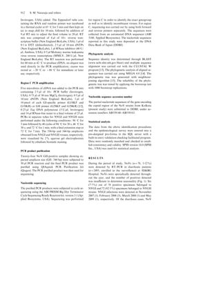 Invitrogen, USA) added. The Eppendorf tube con-
taining the RNA and random primer was incubated
in a thermal cycler at 65 xC for 5 min and then kept on
ice to snap chill for 10 min, followed by addition of
9 ml RT mix to adjust the ﬁnal volume to 20 ml. RT
mix was comprised of 4 ml of 10r reverse tran-
scriptase buﬀer (New England BioLabs, USA), 1 ml of
0.1 M DTT (dithiothreitol), 2.5 ml of 10 mM dNTPs
(New England BioLabs), 1 ml RNase inhibitor (40 U/
ml, Ambion, USA), 0.5 ml Moloney murine leukaemia
virus reverse transcriptase (MMLV, 200 U/ml, New
England BioLabs). The RT reaction was performed
for 60 min at 42 xC to produce cDNA; an aliquot was
used directly in the PCR ampliﬁcation; excess was
stored at x20 xC or x80 xC for immediate or later
use, respectively.
Region C PCR ampliﬁcation
Five microlitres of cDNA was added to the PCR mix
containing 2.5 ml of 10r PCR buﬀer (Invitrogen,
USA), 0.75 ml of 50 mM MgCl2 (Invitrogen), 0.5 ml of
10 mM dNTPs (New England BioLabs), 1 ml of
10 pmol of each GI-speciﬁc primer (G1SKF and
G1SKR) or GII primer (G2SKF and G2SKR) [12],
0.25 ml Taq DNA polymerase (5 U/ml, Invitrogen)
and 14 ml RNase-free water to a ﬁnal volume of 25 ml.
PCRs in separate tubes for NVGI and NVGII were
performed under the following conditions: 94 xC for
3 min followed by 40 cycles of 94 xC for 30 s, 46 xC for
30 s, and 72 xC for 1 min, with a ﬁnal extension step at
72 xC for 7 min. The 330-bp and 344-bp amplicons
obtained from NVGI and NVGII viruses, respectively,
were visualized by 2% agarose gel electrophoresis
followed by ethidium bromide staining.
PCR product puriﬁcation
Twenty-four NoV GII-positive samples showing ex-
pected amplicon size (GII: 344 bp) were subjected to
50 ml PCR reaction and the ﬁnal PCR product was
puriﬁed using QIAquick PCR Puriﬁcation kit
(Qiagen). The PCR puriﬁed product was then used for
sequencing.
Nucleotide sequencing
The puriﬁed PCR products were subjected to cycle se-
quencing using the ABI PRISM Big Dye Terminator
Cycle Sequencing Ready Reaction kit, version 3.1 (Ap-
plied Biosystems, USA). Sequencing was performed
for region C in order to identify the exact genogroup
as well as to identify recombinant viruses. For region
C, sequencing was carried out by using both forward
and reverse primers separately. The sequences were
collected from an automated DNA sequencer (ABI
3100, Applied Biosystems). The nucleotide sequences
reported in this study were deposited at the DNA
Data Bank of Japan (DDBJ).
Phylogenetic analysis
Sequence identity was determined through BLAST
(www.ncbi.nlm.nih.gov/blast) and multiple sequence
alignment was carried out with the CLUSTAL W
program [13]. The phylogenetic analysis of aligned se-
quences was carried out using MEGA 4.0 [14]. The
phylogenetic tree was generated with neighbour-
joining algorithm [15]. The reliability of the phylo-
genetic tree was tested by applying the bootstrap test
with 1000 bootstrap replications.
Nucleotide sequence accession number
The partial nucleotide sequences of the gene encoding
the capsid region of the NoV strains from Kolkata
(present study) were submitted to DDBJ, under ac-
cession numbers AB539140–AB539163.
Statistical analysis
The data from the above identiﬁcation procedures
and the epidemiological survey were entered into a
pre-designed pro-forma in the SQL server with a
built-in entry validation checking facilitated program.
Data were randomly matched and checked to estab-
lish consistency and validity. SPSS version 14.0 (SPSS
Inc., USA) was used for statistical analysis.
RESULTS
During the period of study, NoVs (n=78, 3.12%)
were detected by RT–PCR in diarrhoeic patients
(n=2495, enrolled in the surveillance) at ID&BG
Hospital. NoVs were sporadically detected through-
out the year, and the number of positives detected
was insuﬃcient to determine seasonality (Fig. 1). Six
(7.7%) out of 78 positive specimens belonged to
NVGI and 72 (92.3%) specimens belonged to NVGII
strains. NVGI infections were detected in November
2007 (1), February 2008 (3); March 2008 (1) and May
2009 (1), respectively. Of the diarrhoea cases, NoV
912 S. M. Nataraju and others
 