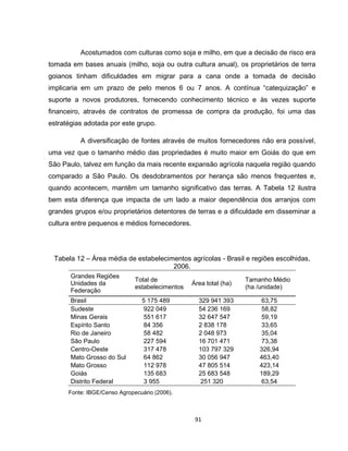 91
Acostumados com culturas como soja e milho, em que a decisão de risco era
tomada em bases anuais (milho, soja ou outra cultura anual), os proprietários de terra
goianos tinham dificuldades em migrar para a cana onde a tomada de decisão
implicaria em um prazo de pelo menos 6 ou 7 anos. A contínua “catequização” e
suporte a novos produtores, fornecendo conhecimento técnico e às vezes suporte
financeiro, através de contratos de promessa de compra da produção, foi uma das
estratégias adotada por este grupo.
A diversificação de fontes através de muitos fornecedores não era possível,
uma vez que o tamanho médio das propriedades é muito maior em Goiás do que em
São Paulo, talvez em função da mais recente expansão agrícola naquela região quando
comparado a São Paulo. Os desdobramentos por herança são menos frequentes e,
quando acontecem, mantêm um tamanho significativo das terras. A Tabela 12 ilustra
bem esta diferença que impacta de um lado a maior dependência dos arranjos com
grandes grupos e/ou proprietários detentores de terras e a dificuldade em disseminar a
cultura entre pequenos e médios fornecedores.
Tabela 12 – Área média de estabelecimentos agrícolas - Brasil e regiões escolhidas,
2006.
Grandes Regiões
Unidades da
Federação
Total de
estabelecimentos
Área total (ha)
Tamanho Médio
(ha /unidade)
Brasil 5 175 489 329 941 393 63,75
Sudeste 922 049 54 236 169 58,82
Minas Gerais 551 617 32 647 547 59,19
Espírito Santo 84 356 2 838 178 33,65
Rio de Janeiro 58 482 2 048 973 35,04
São Paulo 227 594 16 701 471 73,38
Centro-Oeste 317 478 103 797 329 326,94
Mato Grosso do Sul 64 862 30 056 947 463,40
Mato Grosso 112 978 47 805 514 423,14
Goiás 135 683 25 683 548 189,29
Distrito Federal 3 955 251 320 63,54
Fonte: IBGE/Censo Agropecuário (2006).
 
