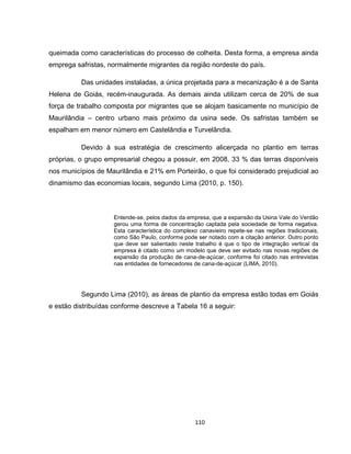 110
queimada como características do processo de colheita. Desta forma, a empresa ainda
emprega safristas, normalmente migrantes da região nordeste do país.
Das unidades instaladas, a única projetada para a mecanização é a de Santa
Helena de Goiás, recém-inaugurada. As demais ainda utilizam cerca de 20% de sua
força de trabalho composta por migrantes que se alojam basicamente no município de
Maurilândia – centro urbano mais próximo da usina sede. Os safristas também se
espalham em menor número em Castelândia e Turvelândia.
Devido à sua estratégia de crescimento alicerçada no plantio em terras
próprias, o grupo empresarial chegou a possuir, em 2008, 33 % das terras disponíveis
nos municípios de Maurilândia e 21% em Porteirão, o que foi considerado prejudicial ao
dinamismo das economias locais, segundo Lima (2010, p. 150).
Entende-se, pelos dados da empresa, que a expansão da Usina Vale do Verdão
gerou uma forma de concentração captada pela sociedade de forma negativa.
Esta característica do complexo canavieiro repete-se nas regiões tradicionais,
como São Paulo, conforme pode ser notado com a citação anterior. Outro ponto
que deve ser salientado neste trabalho é que o tipo de integração vertical da
empresa é citado como um modelo que deve ser evitado nas novas regiões de
expansão da produção de cana-de-açúcar, conforme foi citado nas entrevistas
nas entidades de fornecedores de cana-de-açúcar (LIMA, 2010).
Segundo Lima (2010), as áreas de plantio da empresa estão todas em Goiás
e estão distribuídas conforme descreve a Tabela 16 a seguir:
 