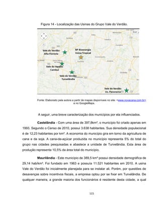 115
Figura 14 - Localização das Usinas do Grupo Vale do Verdão.
Fonte: Elaborado pela autora a partir de mapas disponíveis no site: <www.novacana.com.br>
e no GoogleMaps.
A seguir, uma breve caracterização dos municípios por ela influenciados.
Castelândia - Com uma área de 397,8km², o município foi criado apenas em
1993. Segundo o Censo de 2010, possui 3.638 habitantes. Sua densidade populacional
é de 12,23 habitantes por km². A economia do município gira em torno da agricultura de
cana e da soja. A cana-de-açúcar produzida no município representa 5% do total do
grupo nas cidades pesquisadas e abastece a unidade de Turvelândia. Esta área de
produção representa 10,5% da área total do município.
Maurilândia - Este município de 389,5 km² possui densidade demográfica de
29,14 hab/km². Foi fundado em 1963 e possuía 11.521 habitantes em 2010. A usina
Vale do Verdão foi inicialmente planejada para se instalar ali. Porém, por questões de
desavenças sobre incentivos fiscais, a empresa optou por se fixar em Turvelândia. De
qualquer maneira, a grande maioria dos funcionários é residente desta cidade, a qual
 