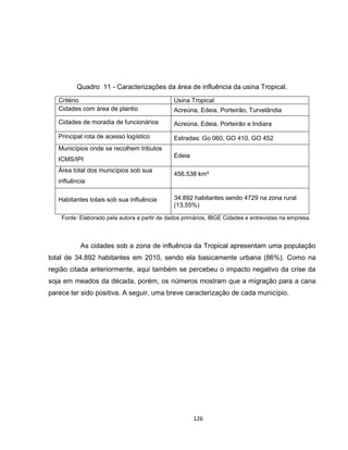 126
Quadro 11 - Caracterizações da área de influência da usina Tropical.
Critério Usina Tropical
Cidades com área de plantio Acreúna, Edeia, Porteirão, Turvelândia
Cidades de moradia de funcionários Acreúna, Edeia, Porteirão e Indiara
Principal rota de acesso logístico Estradas: Go 060, GO 410, GO 452
Municípios onde se recolhem tributos
ICMS/IPI
Edeia
Área total dos municípios sob sua
influência
456.538 km²
Habitantes totais sob sua influência 34.892 habitantes sendo 4729 na zona rural
(13,55%)
Fonte: Elaborado pela autora a partir de dados primários, IBGE Cidades e entrevistas na empresa.
As cidades sob a zona de influência da Tropical apresentam uma população
total de 34.892 habitantes em 2010, sendo ela basicamente urbana (86%). Como na
região citada anteriormente, aqui também se percebeu o impacto negativo da crise da
soja em meados da década, porém, os números mostram que a migração para a cana
parece ter sido positiva. A seguir, uma breve caracterização de cada município.
 