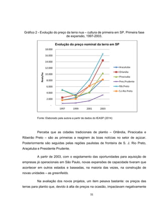 31
Gráfico 2 - Evolução do preço da terra nua – cultura de primeira em SP. Primeira fase
de expansão, 1997-2003.
Fonte: Elaborado pela autora a partir de dados do IEASP (2014)
Perceba que as cidades tradicionais de plantio – Orlândia, Piracicaba e
Ribeirão Preto – são as primeiras a reagirem às boas notícias no setor de açúcar.
Posteriormente são seguidas pelas regiões paulistas de fronteira de S. J. Rio Preto,
Araçatuba e Presidente Prudente.
A partir de 2003, com o esgotamento das oportunidades para aquisição de
empresas já operacionais em São Paulo, novas expansões de capacidade tiveram que
acontecer em outros estados e baseadas, na maioria das vezes, na construção de
novas unidades – as greenfields.
Na avaliação dos novos projetos, um item pesava bastante: os preços das
terras para plantio que, devido à alta de preços na ocasião, impactavam negativamente
-
2.000
4.000
6.000
8.000
10.000
12.000
14.000
16.000
18.000
1997 1999 2001 2003
Reais/ha
Evolução do preço nominal da terra em SP
Aracatuba
Orlandia
Piracicaba
Pres.Prudente
Rib.Preto
S.J.Rio Preto
 