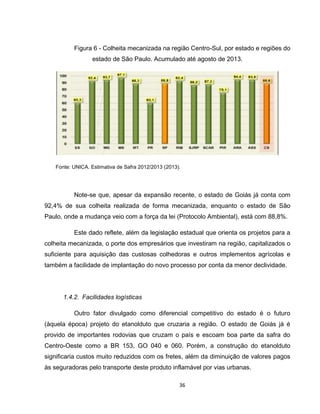 36
Figura 6 - Colheita mecanizada na região Centro-Sul, por estado e regiões do
estado de São Paulo. Acumulado até agosto de 2013.
Fonte: UNICA. Estimativa de Safra 2012/2013 (2013).
Note-se que, apesar da expansão recente, o estado de Goiás já conta com
92,4% de sua colheita realizada de forma mecanizada, enquanto o estado de São
Paulo, onde a mudança veio com a força da lei (Protocolo Ambiental), está com 88,8%.
Este dado reflete, além da legislação estadual que orienta os projetos para a
colheita mecanizada, o porte dos empresários que investiram na região, capitalizados o
suficiente para aquisição das custosas colhedoras e outros implementos agrícolas e
também a facilidade de implantação do novo processo por conta da menor declividade.
1.4.2. Facilidades logísticas
Outro fator divulgado como diferencial competitivo do estado é o futuro
(àquela época) projeto do etanolduto que cruzaria a região. O estado de Goiás já é
provido de importantes rodovias que cruzam o país e escoam boa parte da safra do
Centro-Oeste como a BR 153, GO 040 e 060. Porém, a construção do etanolduto
significaria custos muito reduzidos com os fretes, além da diminuição de valores pagos
às seguradoras pelo transporte deste produto inflamável por vias urbanas.
 