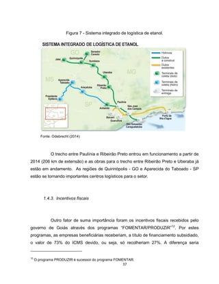 37
Figura 7 - Sistema integrado de logística de etanol.
Fonte: Odebrecht (2014)
O trecho entre Paulínia e Ribeirão Preto entrou em funcionamento a partir de
2014 (206 km de extensão) e as obras para o trecho entre Ribeirão Preto e Uberaba já
estão em andamento. As regiões de Quirinópolis - GO e Aparecida do Taboado - SP
estão se tornando importantes centros logísticos para o setor.
1.4.3. Incentivos fiscais
Outro fator de suma importância foram os incentivos fiscais recebidos pelo
governo de Goiás através dos programas “FOMENTAR/PRODUZIR”12
. Por estes
programas, as empresas beneficiárias receberiam, a título de financiamento subsidiado,
o valor de 73% do ICMS devido, ou seja, só recolheriam 27%. A diferença seria
12
O programa PRODUZIR é sucessor do programa FOMENTAR.
 