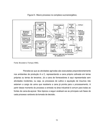 51
Figura 9 - Macro processo no complexo sucroenergético.
Fonte: Brunstein e Tomiya (1995).
Percebe-se que as atividades agrícolas são executadas preponderantemente
nos ambientes de produção A e C, representando a cana própria cultivada em terras
próprias ou terras de terceiros. Já a cana de fornecedores é aqui representada sem
atividades incidentes, ou seja, os processos de cultivo e aquisição de insumos não
estariam a cargo da usina que receberia a cana já pronta para o processamento. A
partir desse momento do processo a entrada na área industrial é comum para todas as
fontes de cana-de-açúcar. Nos tópicos a seguir analisam-se as principais sub fases de
cada processo variáveis da tomada de decisão.
 