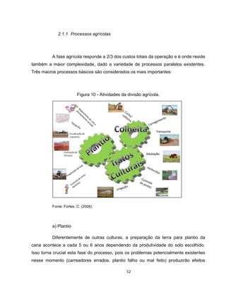 52
2.1.1 Processos agrícolas
A fase agrícola responde a 2/3 dos custos totais da operação e é onde reside
também a maior complexidade, dado a variedade de processos paralelos existentes.
Três macros processos básicos são considerados os mais importantes:
Figura 10 - Atividades da divisão agrícola.
Fonte: Fortes, C. (2008).
a) Plantio
Diferentemente de outras culturas, a preparação da terra para plantio da
cana acontece a cada 5 ou 6 anos dependendo da produtividade do solo escolhido.
Isso torna crucial esta fase do processo, pois os problemas potencialmente existentes
nesse momento (carreadores errados, plantio falho ou mal feito) produzirão efeitos
 