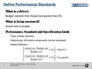 5 Six Sigma Green Belt Project - Hydro Cost Model
Jonathan Shriqui
D M A I CDefine Performance Standards
What is a defect:
Budget variation from Actual cost greater then 5%
What is being measured?
Actual cost vs budget
Performance Standard and Specification Limit
•Type of Data: Discrete
•Opportunity: All turbine components (runner excluded)
•Defect Definition:
Acceptable%5
costBudget
costBudget-costActual
DEFECT%5
costBudget
costBudget-costActual
=





≤
=





>
 