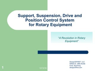 12/13/161
Support, Suspension, Drive and
Position Control System
for Rotary Equipment
“A Revolution in Rotary
Equipment”
Design20FIRST LLC
William E. (Bill) Stuble
Cora, Wyoming
design20first.com
 