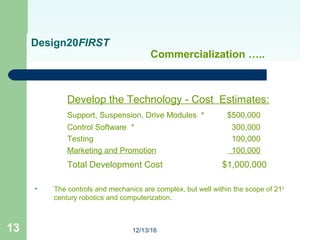 12/13/1613
Design20FIRST
Commercialization …..
Develop the Technology - Cost Estimates:
Support, Suspension, Drive Modules...