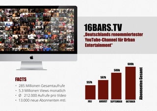 „Deutschlands renommiertester
YouTube-Channel für Urban
Entertainment“
600k
16BARS.TV
580k
567k
557k
JULI AUGUST SEPTEMBER
•	 5.3 Millionen Views monatlich
•	 Ø 212.000 Aufrufe pro Video
AbonnentenGesamt
FACTS
•	 13.000 neue Abonnenten mtl.
•	 285 Millionen Gesamtaufrufe
OKTOBER
 