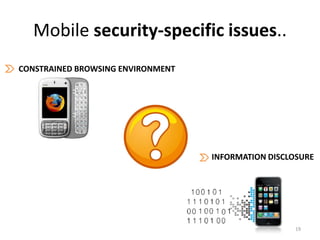 Mobile security-specific issues..
CONSTRAINED BROWSING ENVIRONMENT




                                   INFORMATION DISCLOSURE




                                                     19
 