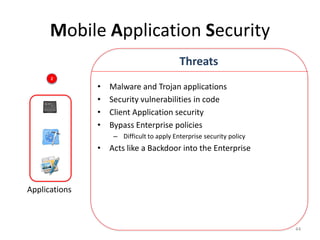 Mobile Application Security
                                           Threats
      2

               •   Malware and Trojan applications
               •   Security vulnerabilities in code
               •   Client Application security
               •   Bypass Enterprise policies
                    – Difficult to apply Enterprise security policy
               • Acts like a Backdoor into the Enterprise



Applications



                                                                      44
 