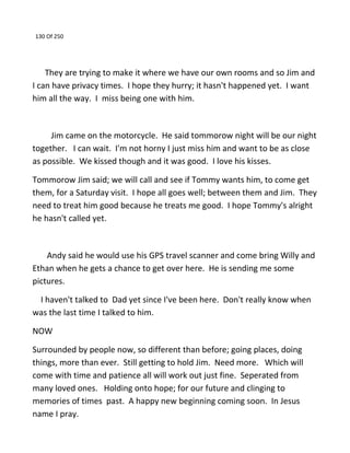 130 Of 250
They are trying to make it where we have our own rooms and so Jim and
I can have privacy times. I hope they hurry; it hasn't happened yet. I want
him all the way. I miss being one with him.
Jim came on the motorcycle. He said tommorow night will be our night
together. I can wait. I'm not horny I just miss him and want to be as close
as possible. We kissed though and it was good. I love his kisses.
Tommorow Jim said; we will call and see if Tommy wants him, to come get
them, for a Saturday visit. I hope all goes well; between them and Jim. They
need to treat him good because he treats me good. I hope Tommy's alright
he hasn't called yet.
Andy said he would use his GPS travel scanner and come bring Willy and
Ethan when he gets a chance to get over here. He is sending me some
pictures.
I haven't talked to Dad yet since I've been here. Don't really know when
was the last time I talked to him.
NOW
Surrounded by people now, so different than before; going places, doing
things, more than ever. Still getting to hold Jim. Need more. Which will
come with time and patience all will work out just fine. Seperated from
many loved ones. Holding onto hope; for our future and clinging to
memories of times past. A happy new beginning coming soon. In Jesus
name I pray.
 