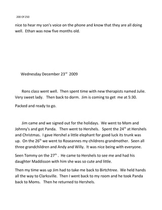 200 Of 250
nice to hear my son's voice on the phone and know that they are all doing
well. Ethan was now five months old.
Wednesday December 23rd
2009
Rons class went well. Then spent time with new therapists named Julie.
Very sweet lady. Then back to dorm. Jim is coming to get me at 5:30.
Packed and ready to go.
Jim came and we signed out for the holidays. We went to Mom and
Johnny's and got Panda. Then went to Hershels. Spent the 24th
at Hershels
and Christmas. I gave Hershel a little elephant for good luck its trunk was
up. On the 26th
we went to Roseannes my childrens grandmother. Seen all
three grandchildren and Andy and Willy. It was nice being with everyone.
Seen Tommy on the 27th
. He came to Hershels to see me and had his
daughter Maddisson with him she was so cute and little.
Then my time was up Jim had to take me back to Birtchtree. We held hands
all the way to Clarksville. Then I went back to my room and he took Panda
back to Moms. Then he returned to Hershels.
 
