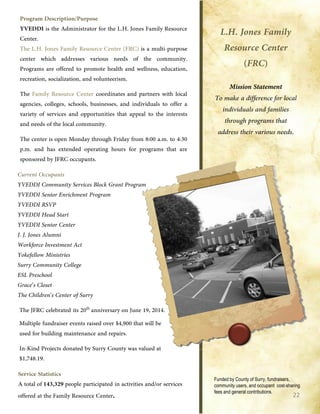 Funded by County of Surry, fundraisers,
community users, and occupant cost-sharing
fees and general contributions.
22
 