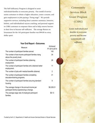 34
Year End Report - Outcomes
Measure
Achieved
FY 2013-2014
The number of participant families served. 145
The number of low-income participant families rising
above the poverty level.
34
The number of participant families obtaining
employment.
28
The number of participant families who obtained better
employment.
11
The number of jobs with medical benefits obtained. 2
The number of participant families completing
education/training programs.
31
The number of participant families securing standard
housing.
9
The average change in the annual income per
participant family experiencing a change.
$9,328.21
The average wage rate of employed participant
families.
$9.13
Funded by the N. C. Department of Health and Human Services-Division of Social Services
 