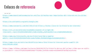Enlaces de referencia
https://www.maestrodelacomputacion.net/los-10-hechos-mas-importantes-del-internet-en-la-ultima-
decada/
https://es.wikipedia.org/wiki/Google_Ads
https://www.tuexperto.com/2017/05/17/10-hitos-y-fechas-clave-en-la-historia-de-internet/
https://nic.ar/es/enterate/novedades/arpanet-el-origen-de-
internet#:~:text=El%205%20de%20diciembre%20de,y%20la%20Universidad%20de%20Utah.
https://www.muyinteresante.com.mx/historia/primera-pagina-
web/#:~:text=En%201991%20el%20creador%20de,6%20de%20agosto%20de%201991).
https://www.rtve.es/noticias/20120711/primera-foto-historia-internet-punto-cumplir-20-
anos/545280.shtml
https://www.infobae.com/america/tecno/2018/04/23/la-historia-detras-del-primer-video-que-se-subio-
a-youtube/#:~:text=El%2023%20de%20abril%20de,los%20creadores%20de%20la%20plataforma.
 