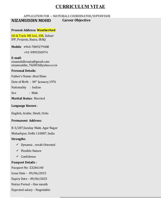 MATERIALS COORDINATOR SUPERVISOR