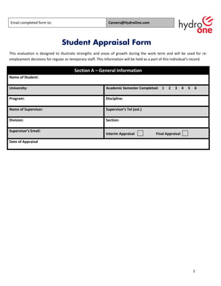 Email completed form to: Careers@HydroOne.com
1
Student Appraisal Form
This evaluation is designed to illustrate strengths and areas of growth during the work term and will be used for re-
employment decisions for regular or temporary staff. This information will be held as a part of this individual’s record.
Section A – General Information
Name of Student:
University: Academic Semester Completed: 1 2 3 4 5 6
Program: Discipline:
Name of Supervisor: Supervisor’s Tel (ext.)
Division: Section:
Supervisor’s Email:
Interim Appraisal Final Appraisal
Date of Appraisal
Cameron Hartman
University of Ottawa
s
Engineering Electrical
Wayne Meisner 613-295-4585
Station Service P&C
wayne.meisner@hydroone.com s
Aug 28 2015
 