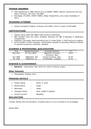 KISHAN SHAH CV for ABAP technical | PDF image.