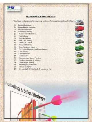 FUTURE PLAN FOR NAXT FIVE YEARS
We should evaluate ourselves and keep better performance to growth well in future.
1) Banking Institution.
2) Private Leasing Institution.
3) Insurance Institution.
4) Automobile Industry.
5) PharmaceuticalInstitution.
6) Food Industry.
7) Groceries Industry.
8) Oil & Ghee Industry.
9) Eatable Oil Tankers.
10) Household Industry.
11) Home Appliances Industry.
12) Electrical & Electronic Appliances Industry.
13) Cattle Industry.
14) Cement Industry.
15) Coal Industry.
16) Communication Source Providers.
17) Petroleum Institution & Industry.
18) Lifesaving gas Industry.
19) Industrial gas Co2 Industry.
20) Fertilizer Company.
21) Heavy & Light Weight Goods & Machinery, Etc.
 