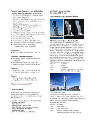 Relevant Project ExperienceRelevant Project ExperienceRelevant Project ExperienceRelevant Project Experience ---- Asia &Asia &Asia &Asia & MiddleMiddleMiddleMiddle----EastEastEastEast
High Rise /High Rise /High Rise /High Rise / MixedMixedMixedMixed----UUUUsesesese Development & CommercialDevelopment & CommercialDevelopment & CommercialDevelopment & Commercial
• THE SPINE GARDENS (2B+G+2L Retail/Podium),
1 km. Project: Dubai, UAE
• METROPOL (500,000 sqm Project w/ 3 Towers -Hotel /
Office / Luxury Apartment & Retail 30,000 sqm).
Istanbul, Turkey
• STELLA MARIS TOWER (59 Storey), Dubai, UAE
• ADNEC Capital Gate, Abu Dhabi, UAE
• Dubai Tower, Doha, Qatar
• Lamar Towers, Jeddah, KSA
• DWTC Convention & Exhibition Center, Dubai, UAE*
• Dubaï Stable & Seeh Al Salam Endurance, Dubai, UAE
• Burj Al Arab Hotel, Dubai, UAE*
• Jumeirah Beach Hotel, Dubai, UAE*
• Dubai Internet City- Phase 1 & 2, Dubai, UAE*
• Citibank Headquarter Tower, Makati, Philippines*
• Renaissance Mixed-use Development,
(3 Towers+Retail) Ortigas, Philippines*
TransportationTransportationTransportationTransportation
• Abu Dhabi Metro Rail System, Abu Dhabi, UAE*
Recreational / Leisure & AmusementRecreational / Leisure & AmusementRecreational / Leisure & AmusementRecreational / Leisure & Amusement
• Wonderland Water & Amusement Theme Park,
Dubai, UAE*
• Wild Wadi Water Theme Park, Dubai, UAE*
• Zabeel Park,(Area=510,000 sqm) Dubai, UAE*
ResidentialResidentialResidentialResidential
• Emaar Plot 26 to 27 - The Greens, Dubai, UAE
• Al Rayyan Hills Development, Sana’a, Yemen
EducationEducationEducationEducation
• American School of Dubai, Dubai, UAE
• King’s Dubai Primary School, Dubai, UAE
**** Experience prior to joining RMJM
Design competitions:Design competitions:Design competitions:Design competitions:
An architect in the Concept Team participating in
various responsibilities with high profile project
competitions ranging from conceptualization, design
and presentation.
• Emirates Towers 3 (Expansion Phase feasibility)
• Jumeirah Palm Island
• Dubai Autodrome
• Radisson Hotel Jumeirah Palm
• Dubai Chamber of Commerce and Industry
• Akoya Development - Masterplan
• Global Village Dubai
• Dubai Civil Aviation Executive Hangar
With RMJMWith RMJMWith RMJMWith RMJM ---- Middle EastMiddle EastMiddle EastMiddle East----AsiaAsiaAsiaAsia
SeptemberSeptemberSeptemberSeptember 2222002002002002 ---- PresentPresentPresentPresent
High Rise/High Rise/High Rise/High Rise/ MixedMixedMixedMixed----UseUseUseUse CommercialCommercialCommercialCommercial &&&& HotelHotelHotelHotel
ADNEC Capital Gate Phase 3, Abu Dhabi, UAEADNEC Capital Gate Phase 3, Abu Dhabi, UAEADNEC Capital Gate Phase 3, Abu Dhabi, UAEADNEC Capital Gate Phase 3, Abu Dhabi, UAE
The Capital Gate feature tower flanks Abu Dhabi’s
historical Grandstand, one of the city’s cultural landmarks.
The feature tower acts as a dramatic termination to the
organic free-form stainless steel mesh canopy that forms
the Grandstand roof and provides a visual anchor for the
ADNEC Capital Centre Development as a whole within the
Abu Dhabi City Skyline. Phase 3- the Capital Gate feature
tower is now in construction. At 35 storeys high, it will offer
over 20,000 m2 of high quality offices and retail units as
well as Abu Dhabi’s first Hyatt hotel, ‘The Hyatt@Capital
Centre’. Standing at over 160m tall, the building has been
designed to be the landmark statement for the whole of the
ADNEC exhibition development.
Site Area: 53,000m2
Client: ADNEC
Status: Constructed
Role: Design & Production team / Architect
(Concept to Detail Design stage)
Dubai Tower, Doha, QatarDubai Tower, Doha, QatarDubai Tower, Doha, QatarDubai Tower, Doha, Qatar
The client’s aspiration for the project was for it to be a
beacon for Dubai in Doha, Qatar. The project brief was for
an extremely high end building. The tower is a combination
of hotel, serviced apartments, offices, residential
apartments and retail space.
Site Area: 90 storeys
Client: Sama Dubai
Status: Under construction
Role: Design & Production Team/ Architect
(Review & coordination all MEP package)
 