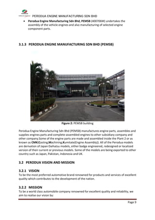 PERODUA ENGINE MANUFACTURING SDN BHD
Page 9
 Perodua Engine Manufacturing Sdn Bhd, PEMSB (400706M) undertakes the
assembly of the vehicle engines and also manufacturing of selected engine
component parts.
3.1.3 PERODUA ENGINE MANUFACTURING SDN BHD (PEMSB)
Figure 2: PEMSB building
Perodua Engine Manufacturing Sdn Bhd (PEMSB) manufactures engine parts, assembles and
supplies engines parts and complete-assembled engines to other subsidiary company and
other company.Some of the engine parts are made and assembled inside the Plant 2 or as
known as CMK(Casting,Machining,Kumitate(Engine Assembly)). All of the Perodua models
are derivation of Japan Daihatsu models, either badge engineered, redesigned or localized
version of their current or previous models. Some of the models are being exported to other
country such as Japan, Pakistan, Indonesia and UK.
3.2 PERODUA VISION AND MISSION
3.2.1 VISION
To be the most preferred automotive brand renowned for products and services of excellent
quality which contributes to the development of the nation.
3.2.2 MISSION
To be a world class automobile company renowned for excellent quality and reliability, we
aim to realise our vision by:
 